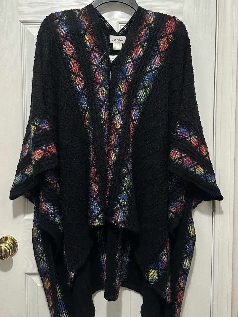Le Moda Boho Knit Poncho Open Front Black Multicolor Diamond Pattern Cape NWT